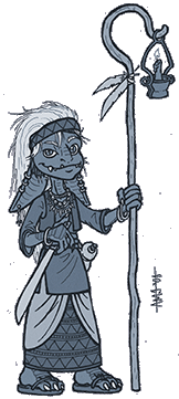 A Loa Saray goblin flaunts her favorite machete.